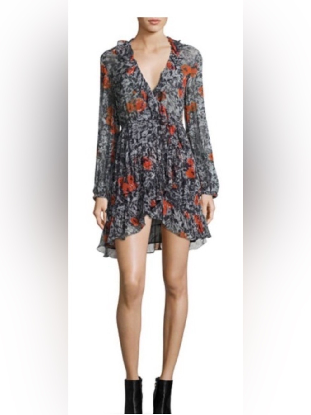 IRO Paris Mini wrap cocktail Dress in black printed sheer fabric with ruffles